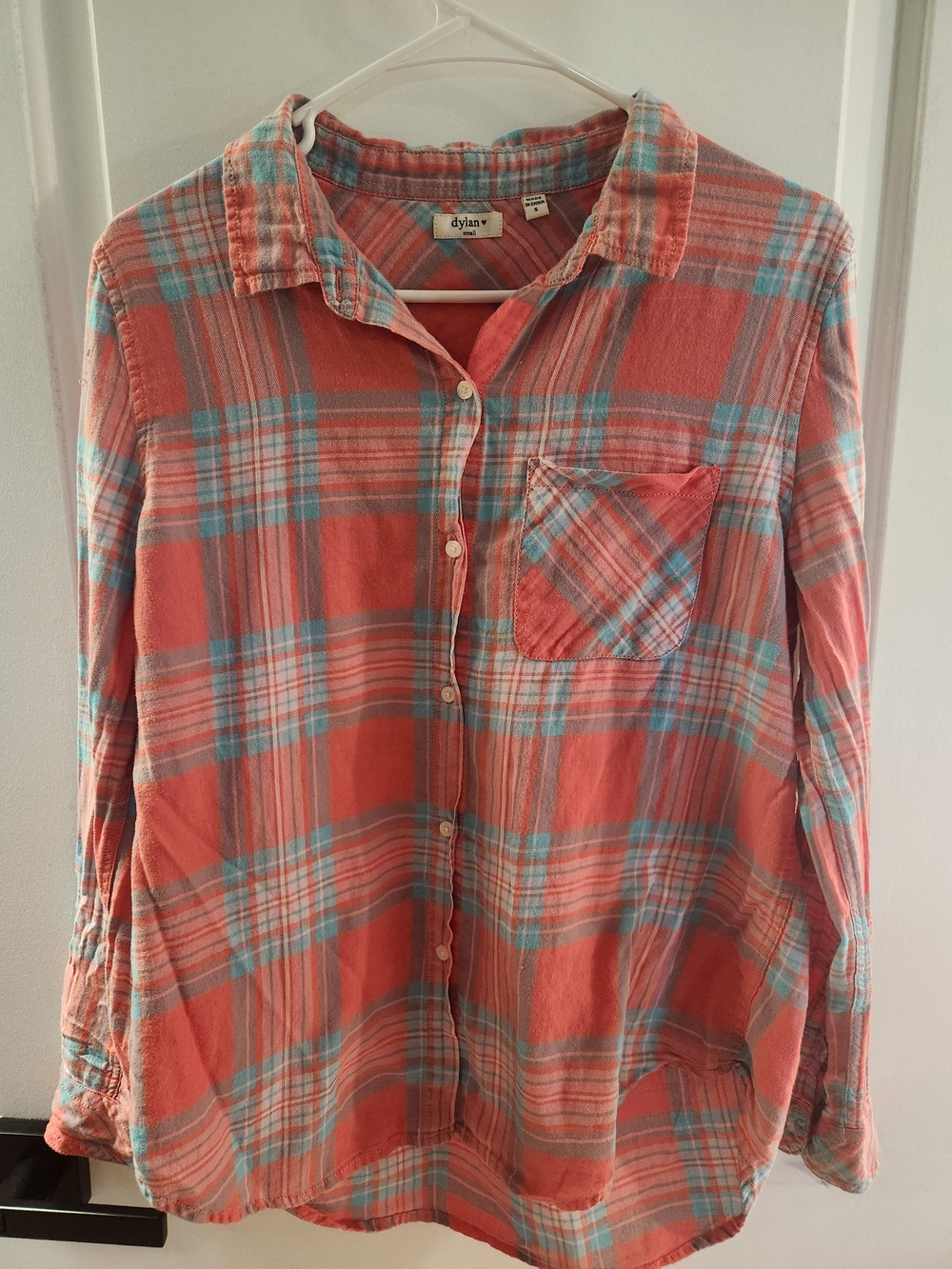 dylan coral and aqua plaid shirt